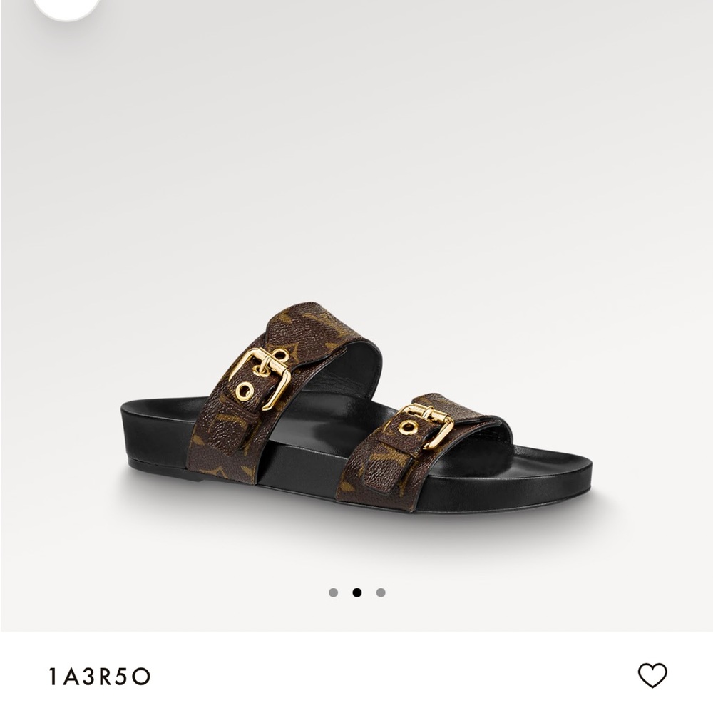 Louis Vuitton Brown Monogram Bom Dia Flat Mule Sandals with Gold Buckles - Picture 2 of 5